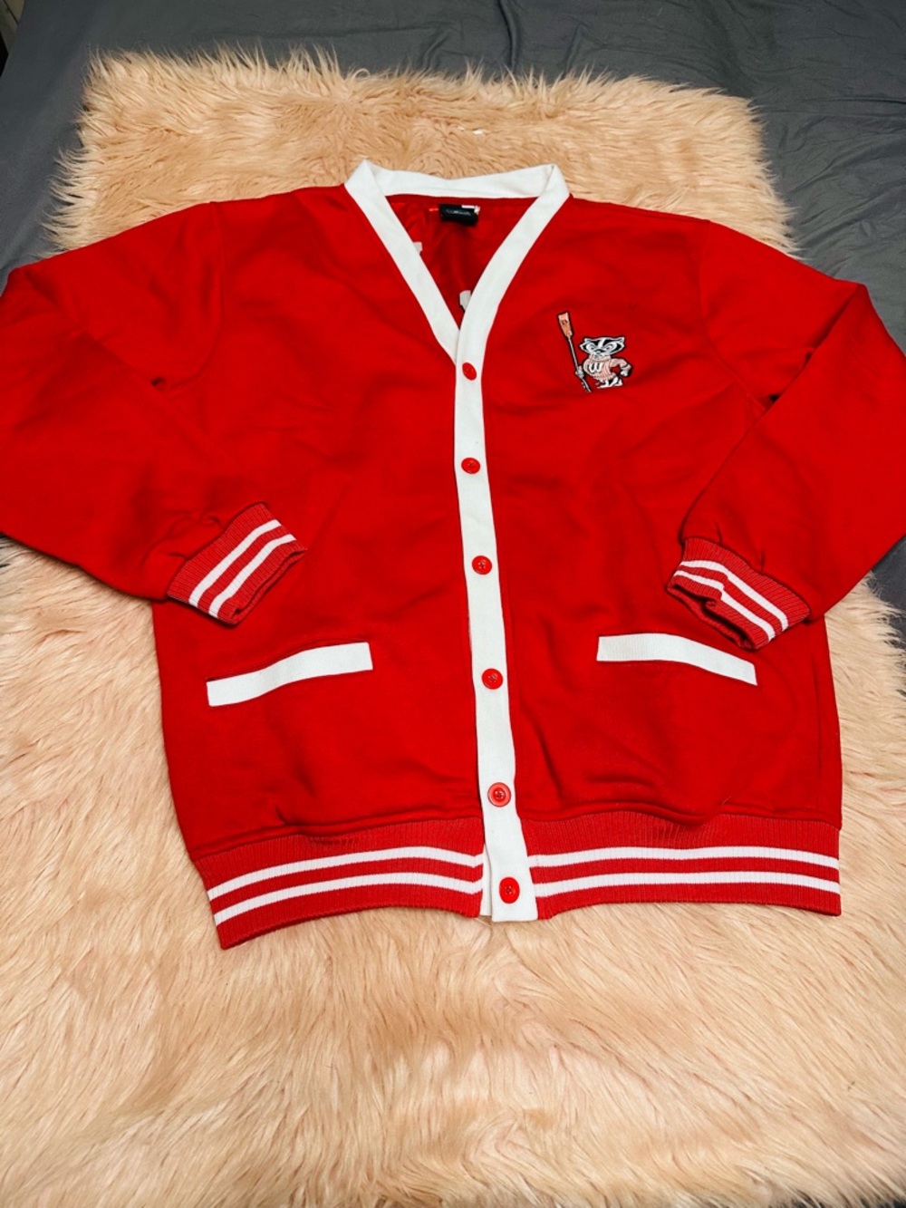 Red Varsity Bomber Cardigan with White Trim Wisconsin Badgers